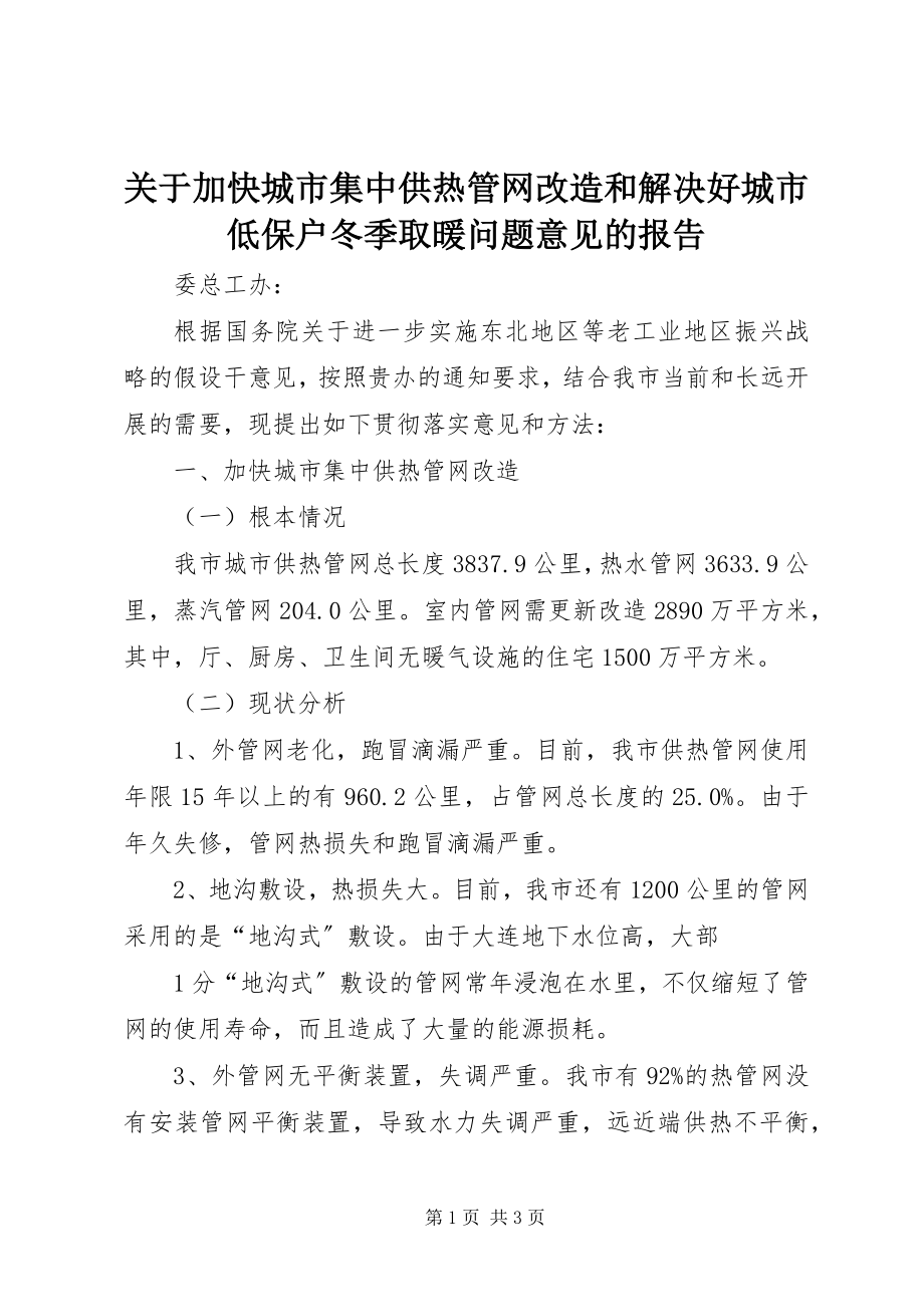 2023年加快城市集中供热管网改造和解决好城市低保户冬季取暖问题意见的报告.docx_第1页