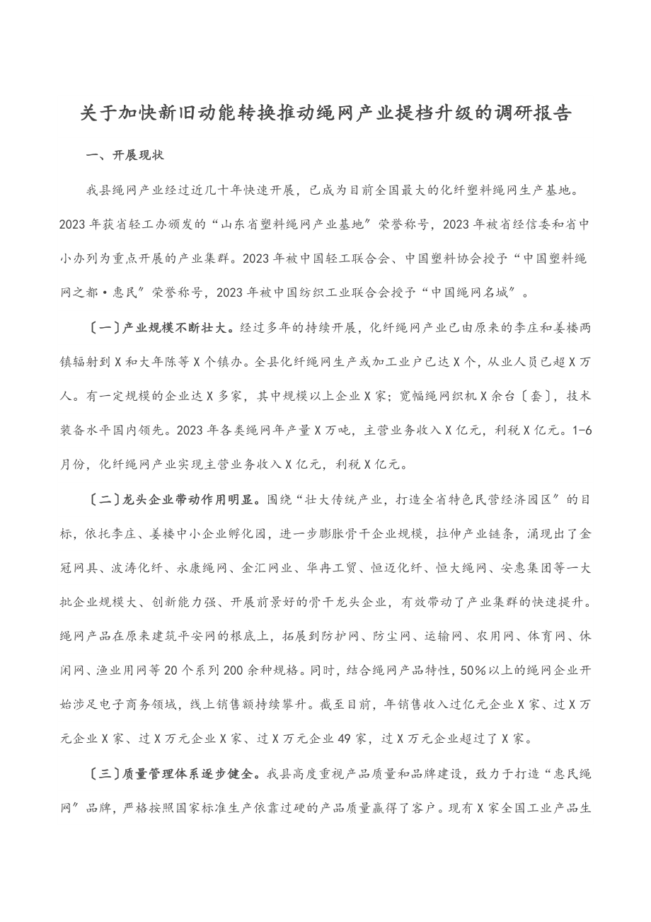 2023年关于加快新旧动能转换推动绳网产业提档升级的调研报告.docx_第1页