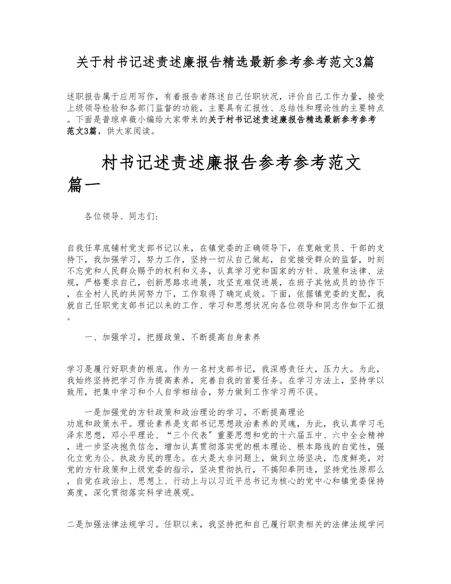 2023年关于村书记述责述廉报告最新3篇.doc_第1页