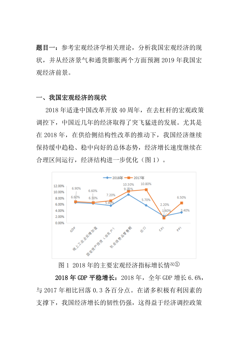 宏观经济学科目作业 分析我国宏观经济的现状并从经济景气和通货膨胀两个方面预测2019年我国宏观经济前景.doc_第1页