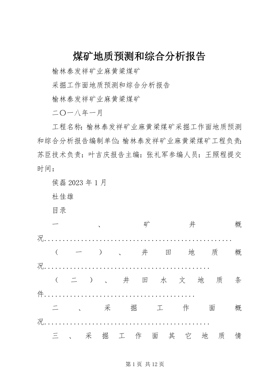 2023年煤矿地质预测和综合分析报告.docx_第1页