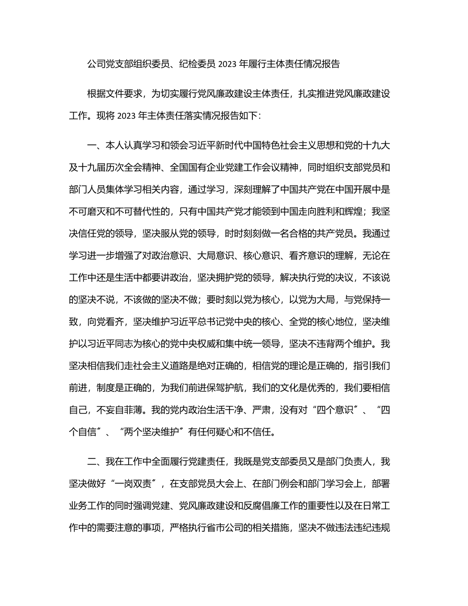 公司党支部组织委员、纪检委员2023年履行主体责任情况报告.docx_第1页