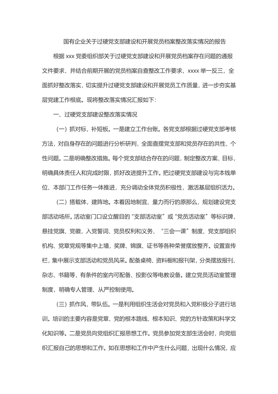 国有企业关于过硬党支部建设和发展党员档案整改落实情况的报告.docx_第1页