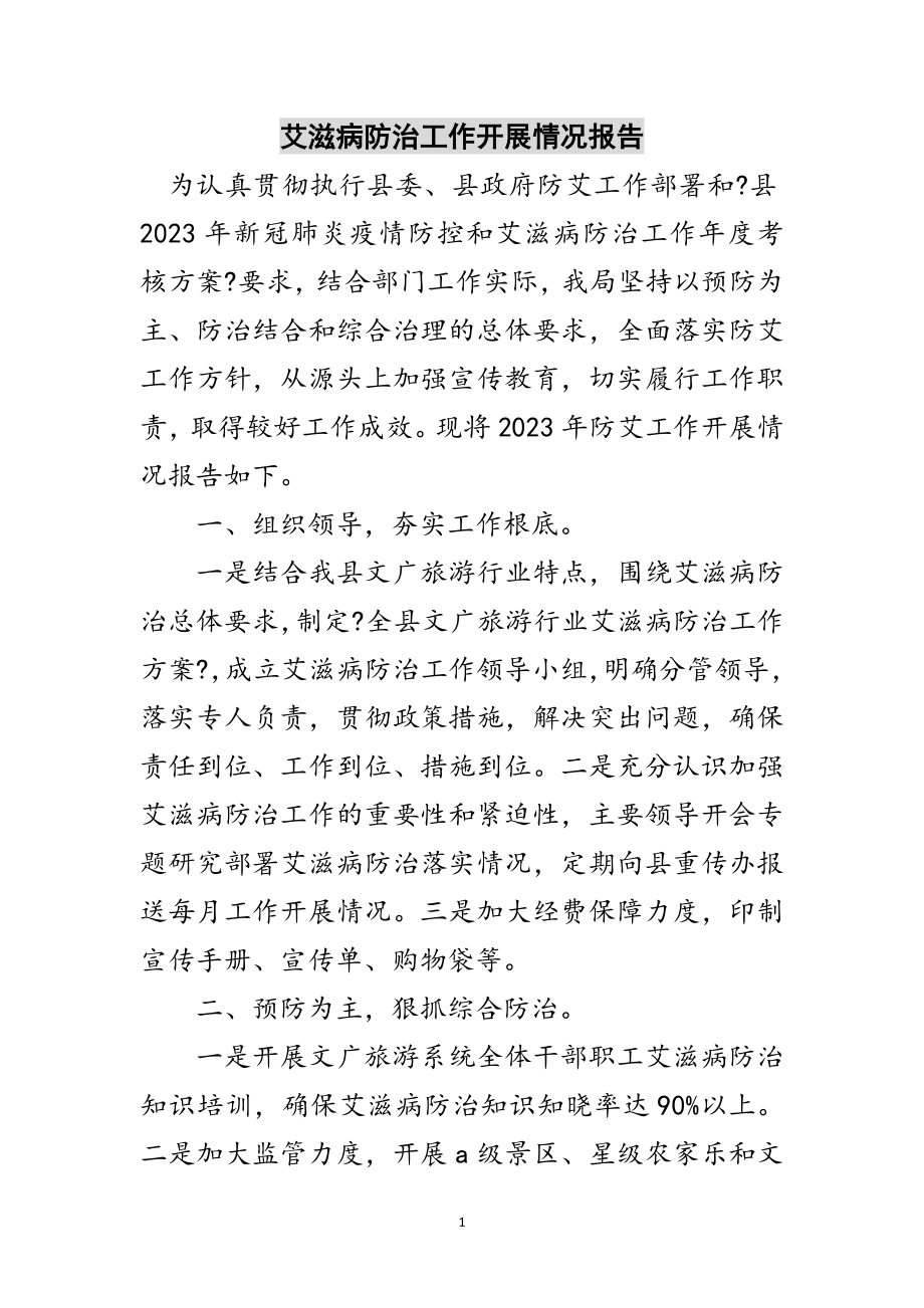 2023年艾滋病防治工作开展情况报告范文.doc_第1页