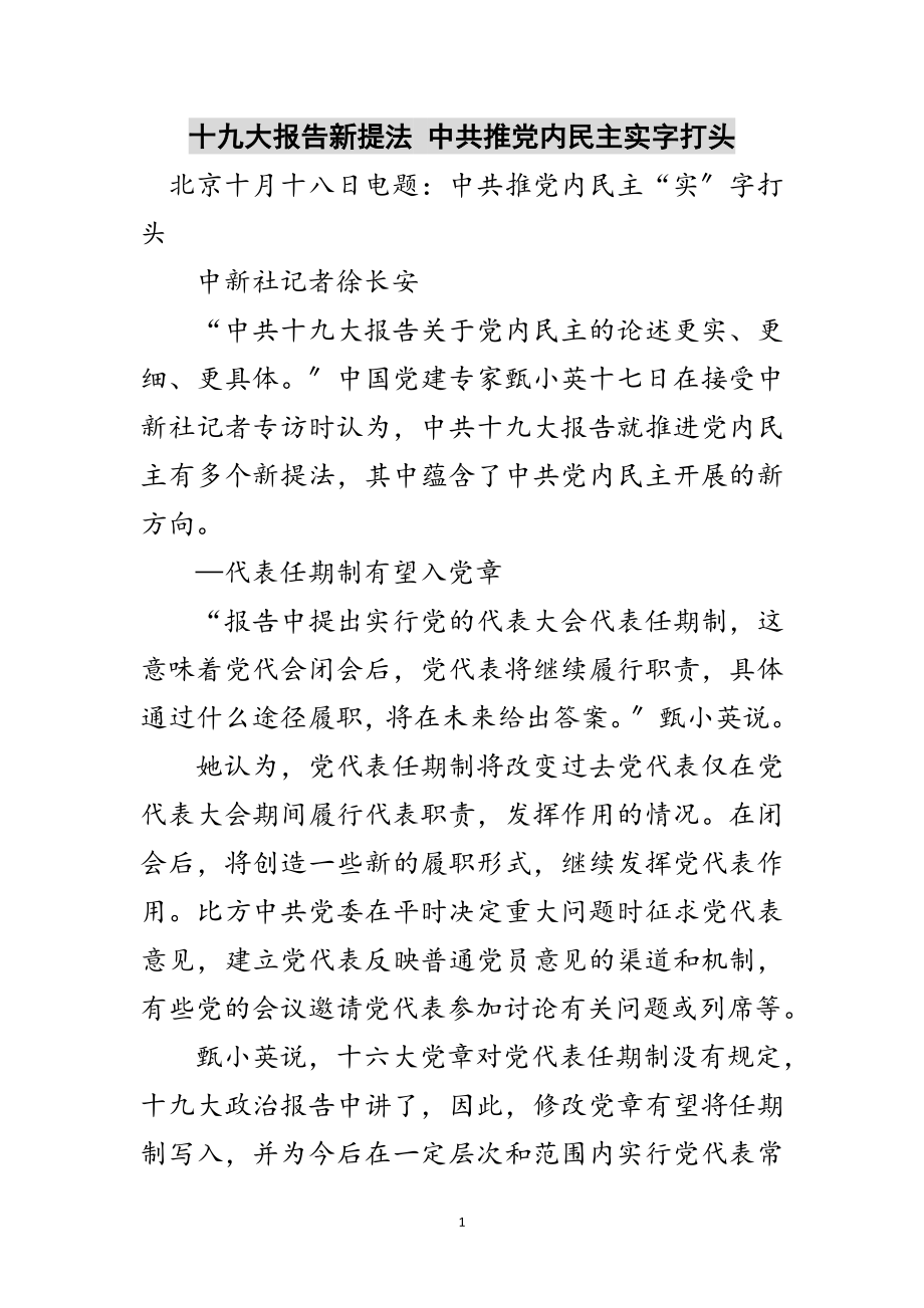 2023年十九大报告新提法 中共推党内民主实字打头范文.doc_第1页