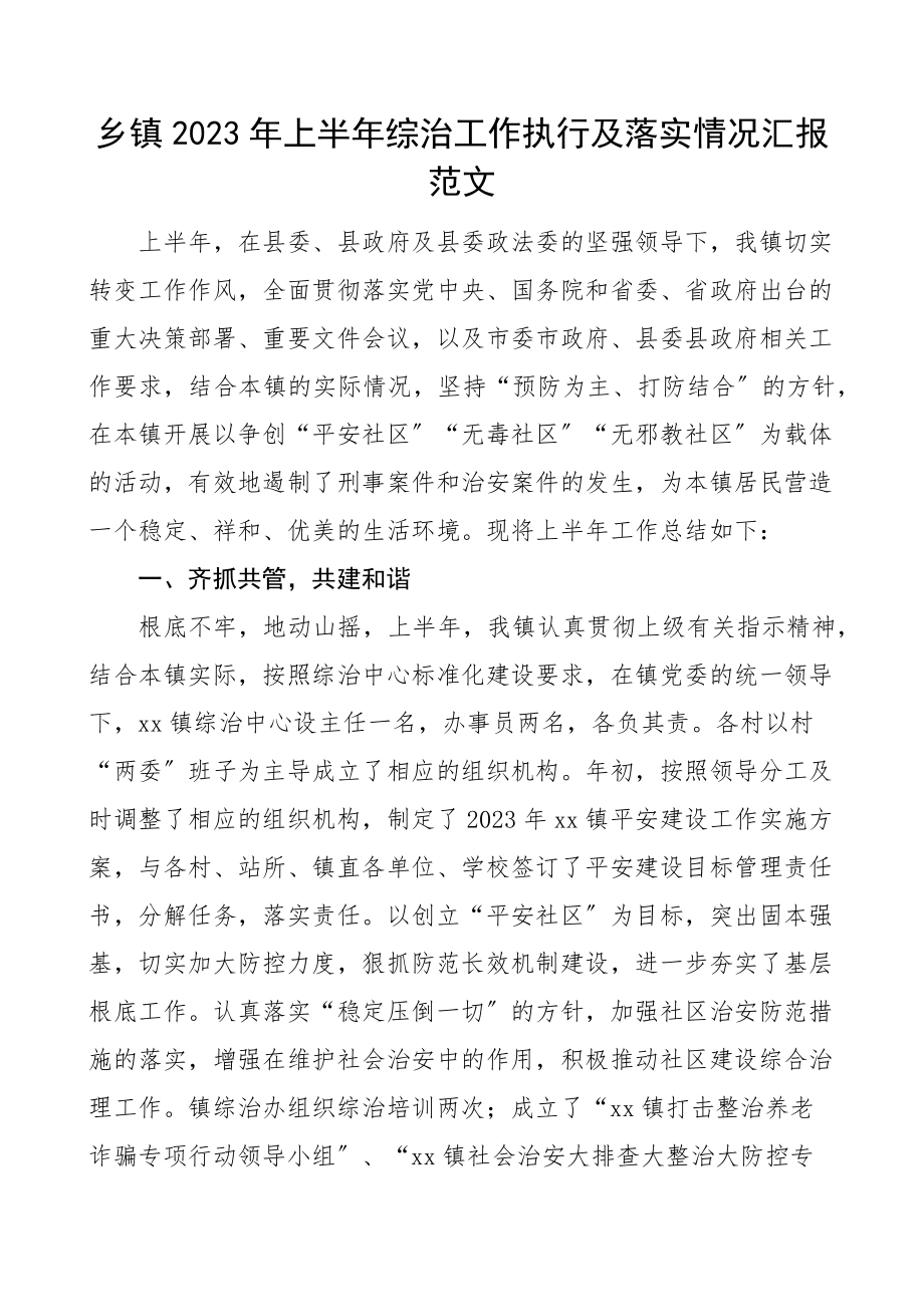 上半年综治工作执行及落实情况汇报范文工作汇报总结报告.docx_第1页