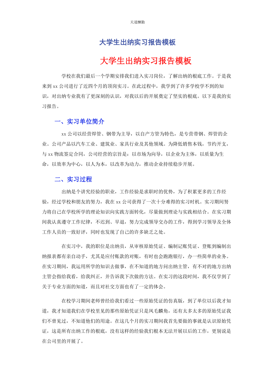 2023年大学生出纳实习报告模板.docx_第1页