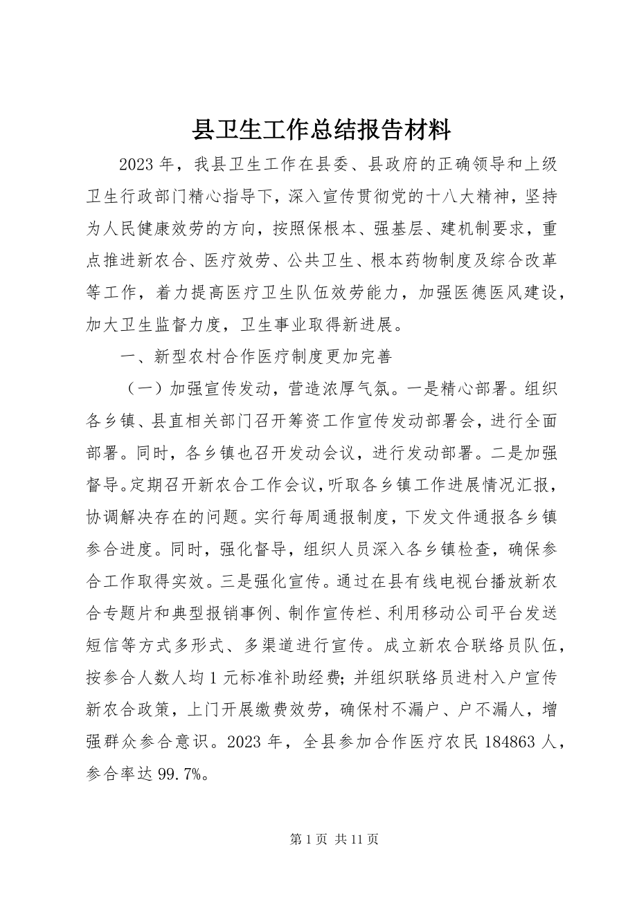 2023年县卫生工作总结报告材料.docx_第1页