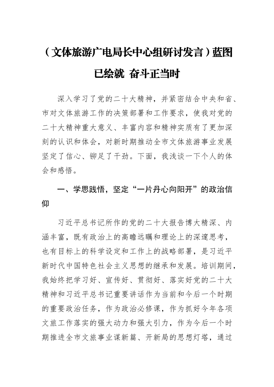 【文体旅游广电局长中心组研讨发言】蓝图已绘就 奋斗正当时.docx_第1页