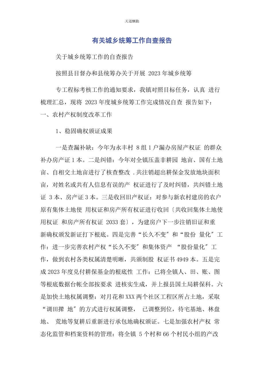 2023年城乡统筹工作自查报告.docx_第1页