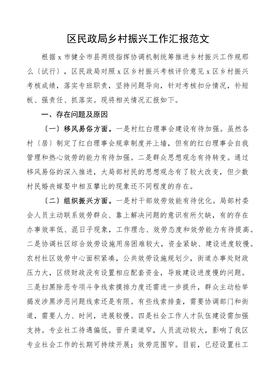 区民政局乡村振兴工作汇报存在问题原因打算工作总结报告.docx_第1页