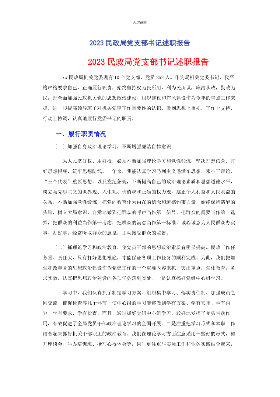 2023年民政局党支部书记述职报告范文.docx_第1页