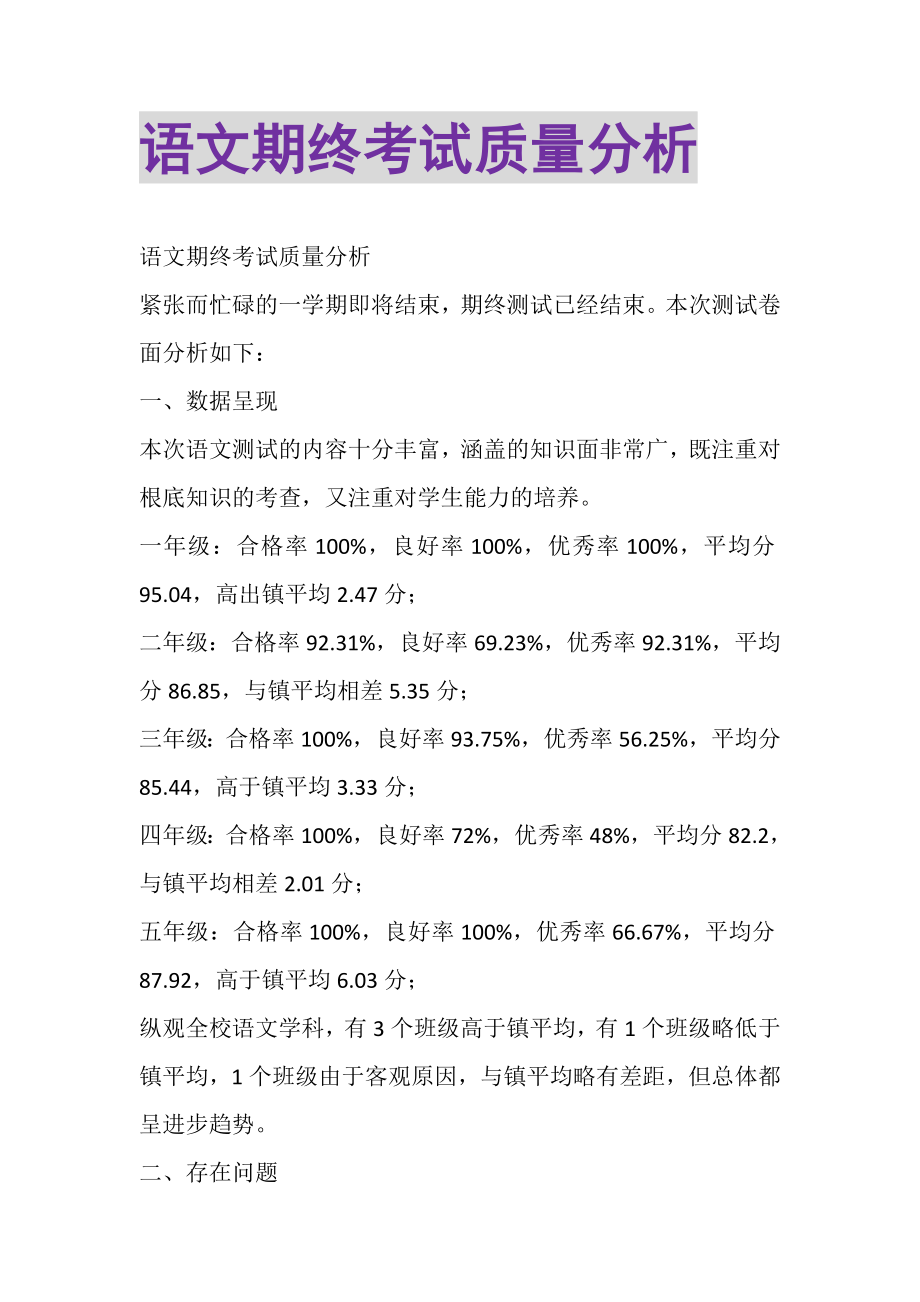 2023年语文期终考试质量分析.doc_第1页