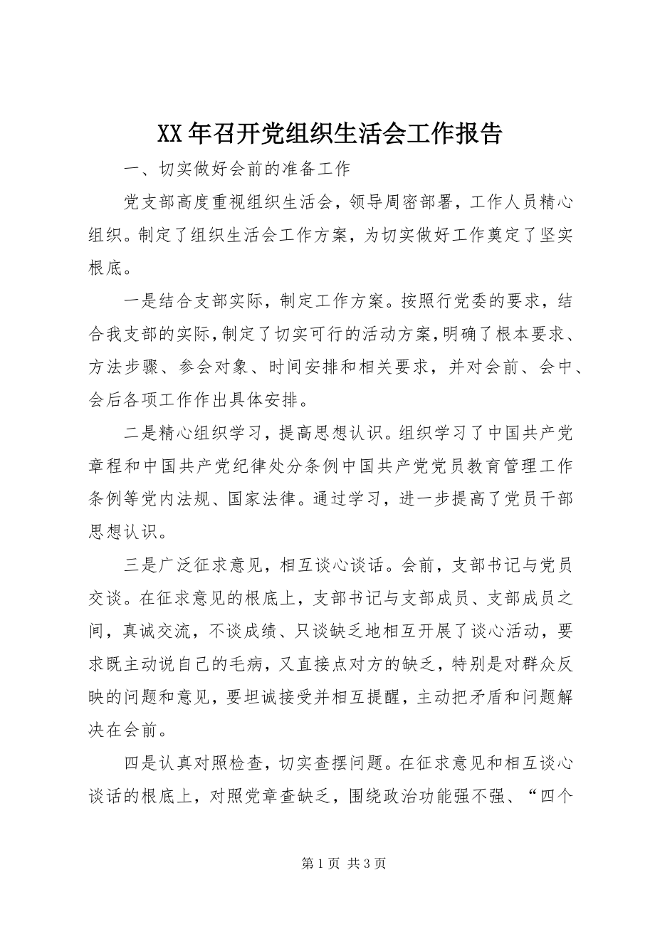 2023年召开党组织生活会工作报告.docx_第1页