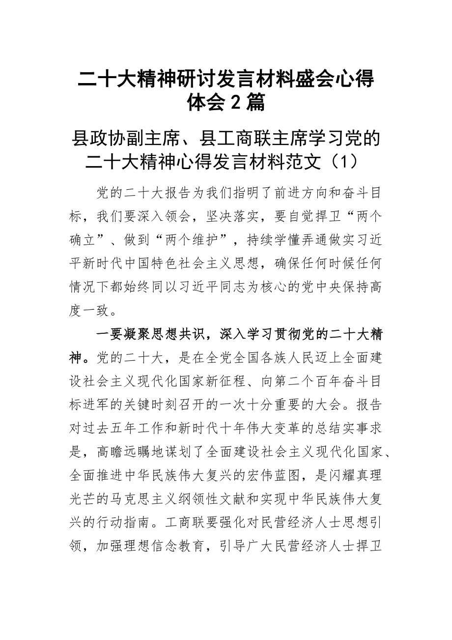 二十大精神研讨发言材料盛会心得体会2篇.docx_第1页