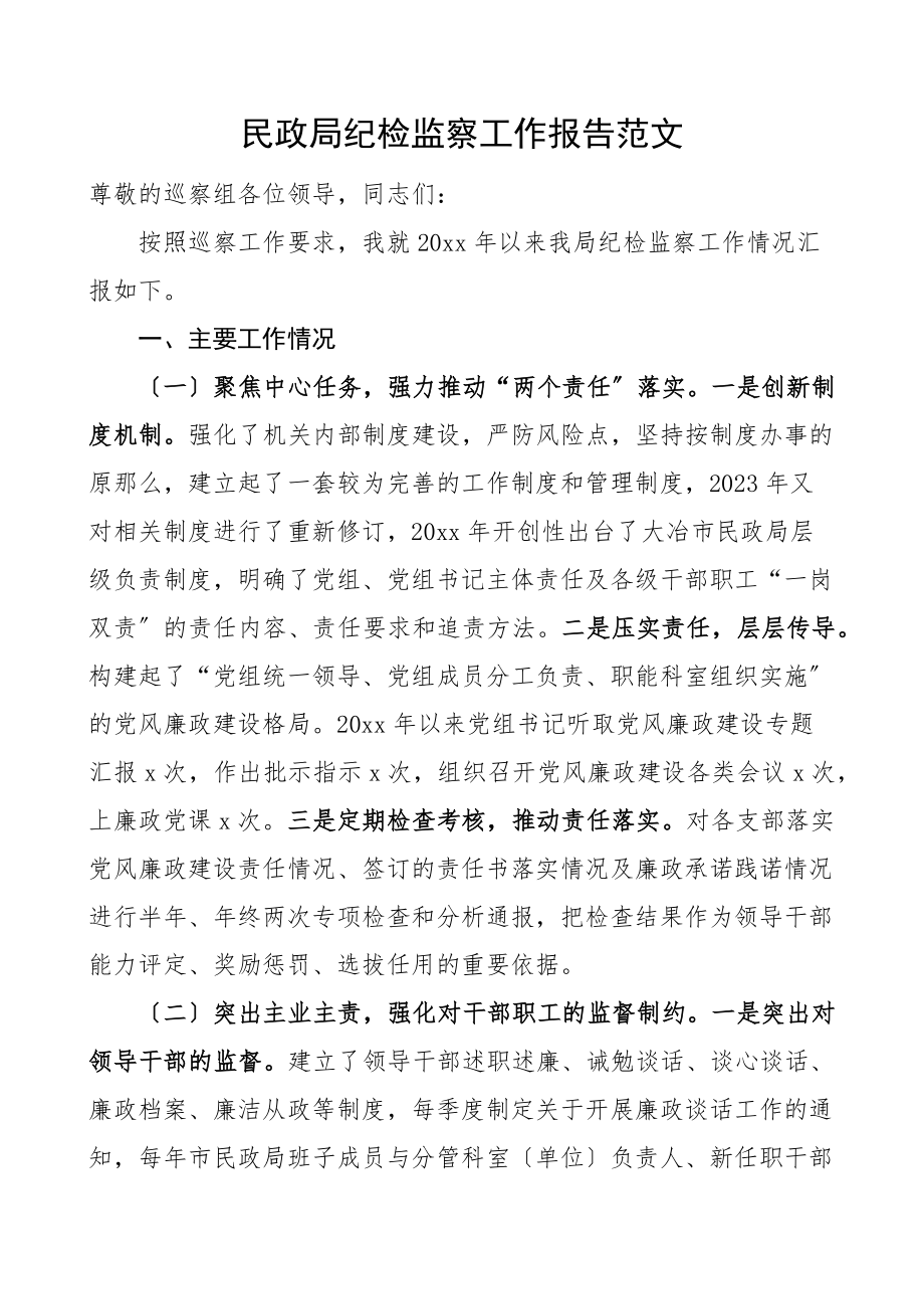 民政局纪检监察工作报告范文报巡察组工作汇报总结.docx_第1页