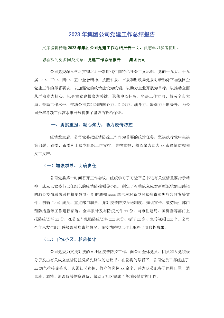 2023年集团公司党建工作总结报告.docx_第1页