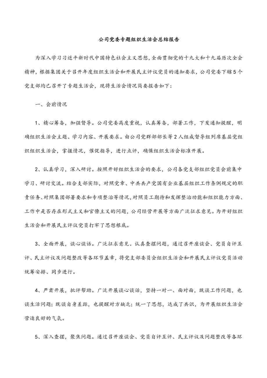 公司党委专题组织生活会总结报告范文.docx_第1页