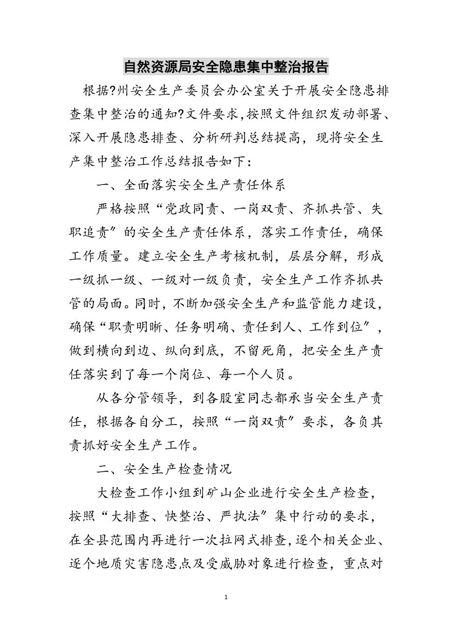 2023年自然资源局安全隐患集中整治报告范文.doc_第1页