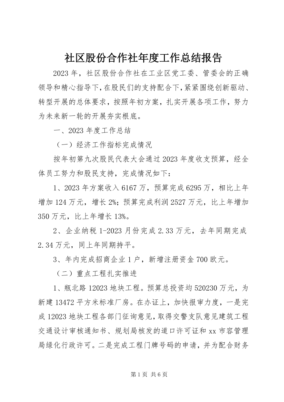 2023年社区股份合作社年度工作总结报告.docx_第1页