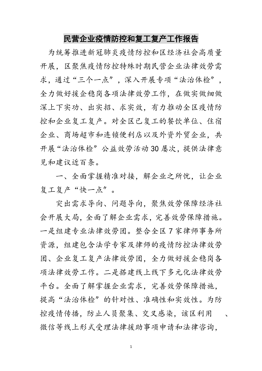 2023年民营企业疫情防控和复工复产工作报告范文.doc_第1页