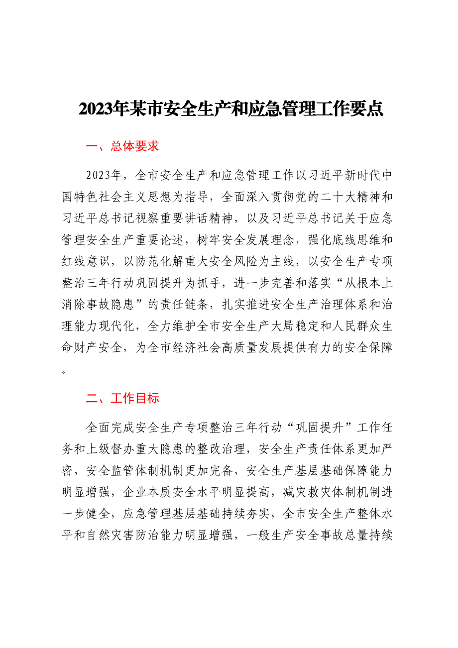 2023年某市安全生产和应急管理工作要点.docx_第1页