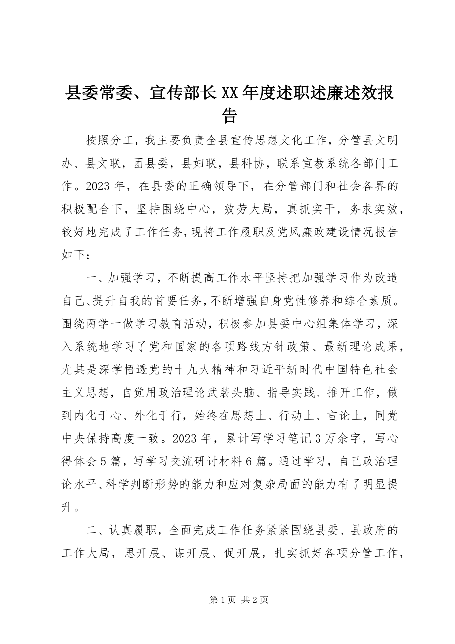 2023年县委常委宣传部长度述职述廉述效报告.docx_第1页