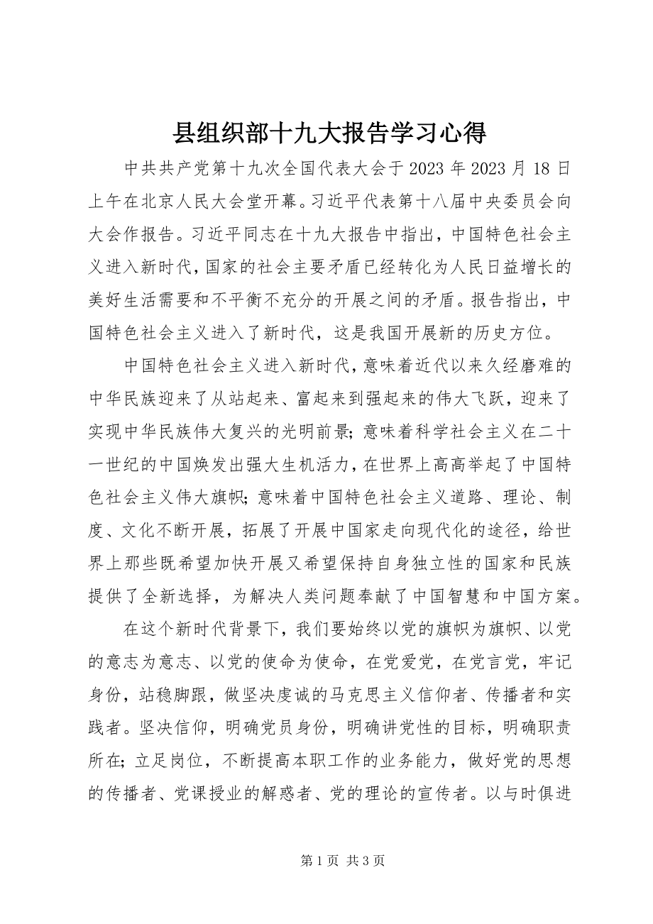 2023年县组织部十九大报告学习心得.docx_第1页