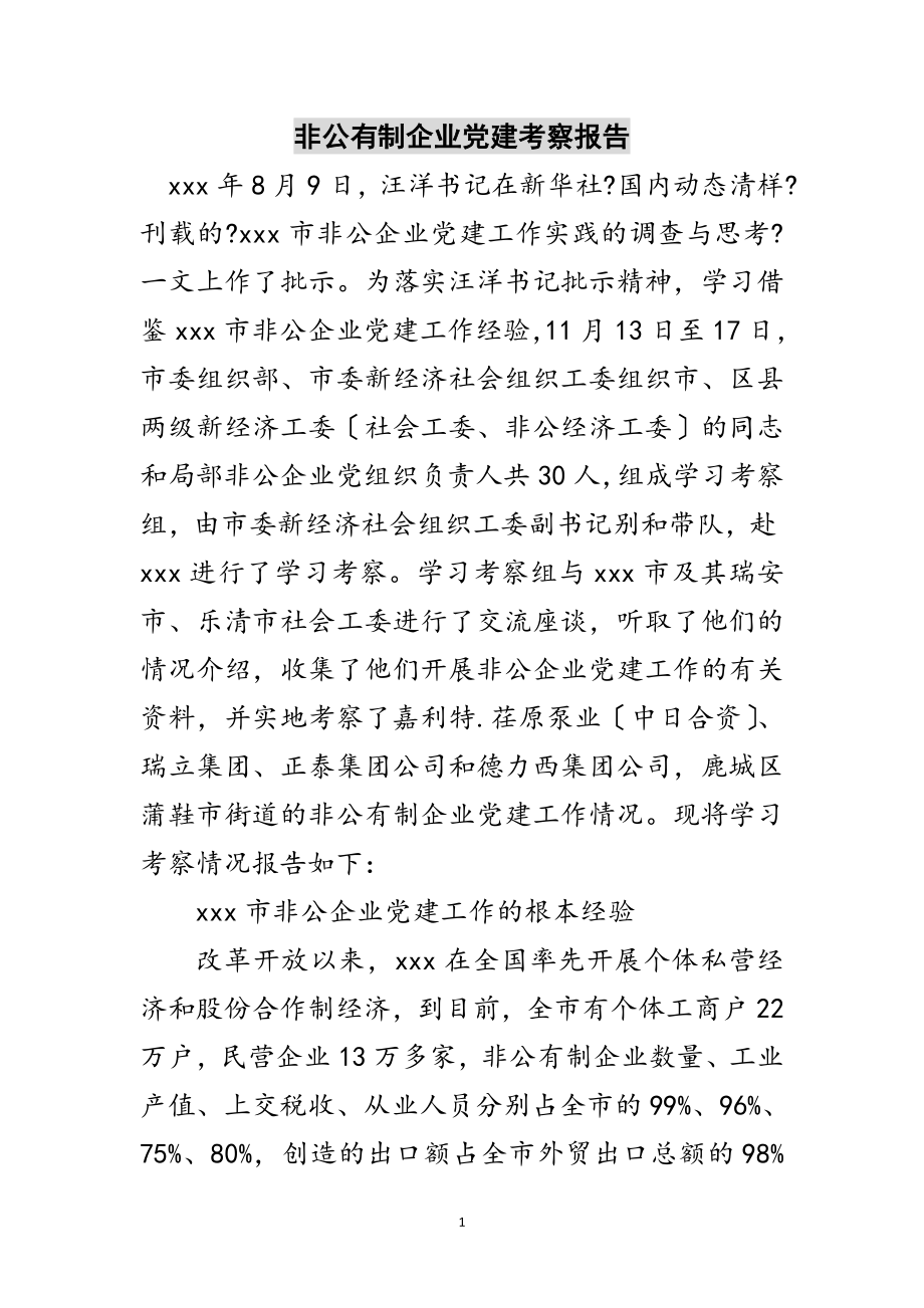 2023年非公有制企业党建考察报告范文.doc_第1页