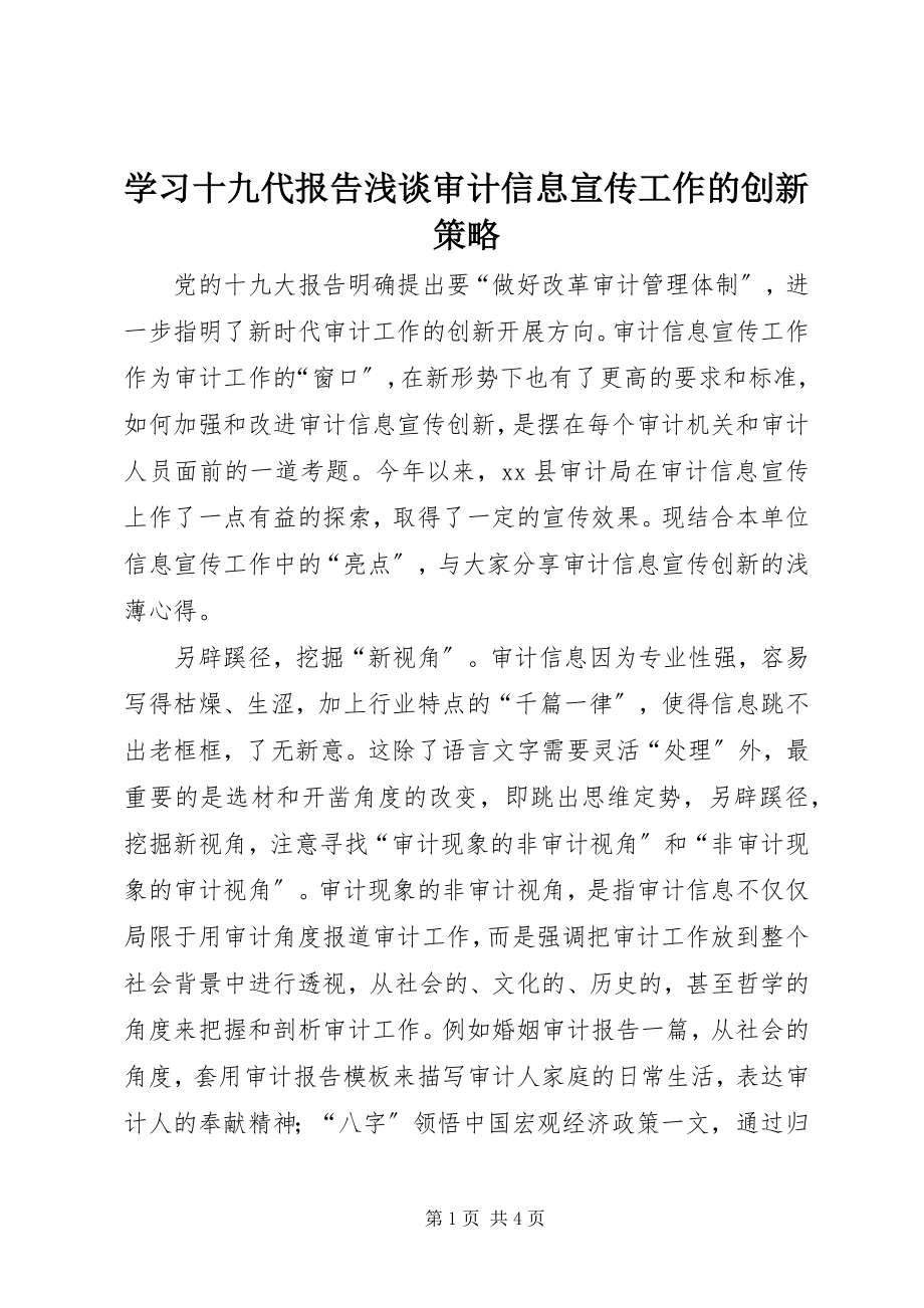 2023年学习十九代报告浅谈审计信息宣传工作的创新策略.docx_第1页