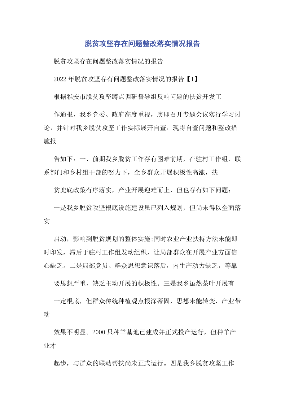 2023年脱贫攻坚存在问题整改落实情况报告.docx_第1页