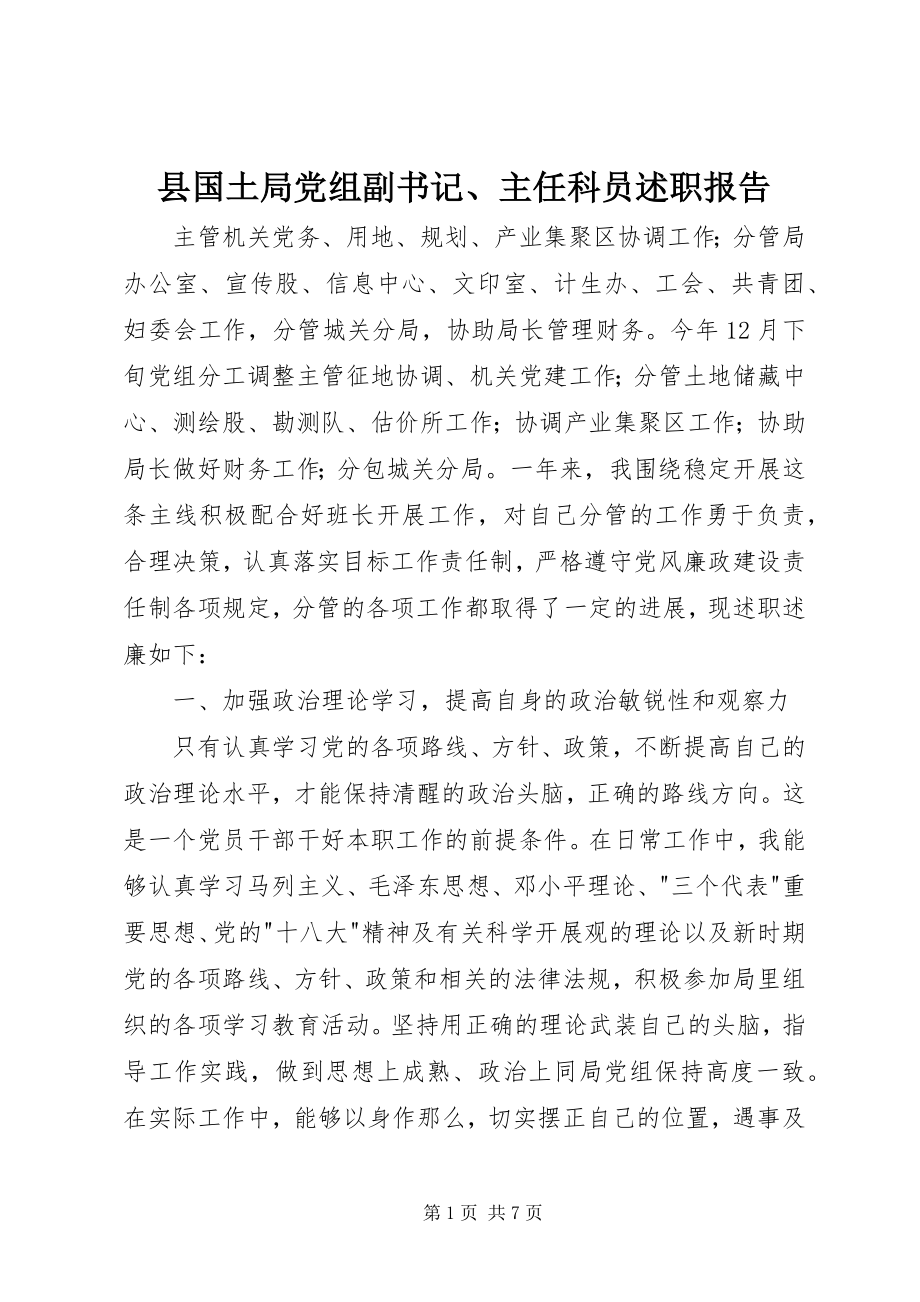 2023年县国土局党组副书记主任科员述职报告.docx_第1页