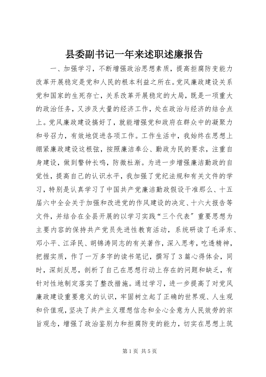 2023年县委副书记一年来述职述廉报告.docx_第1页