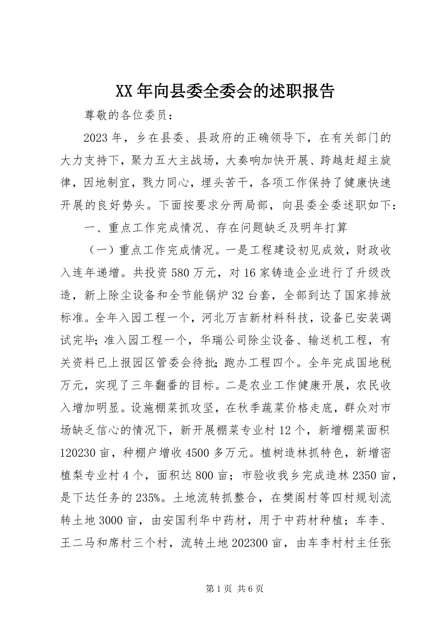 2023年向县委全委会的述职报告.docx_第1页