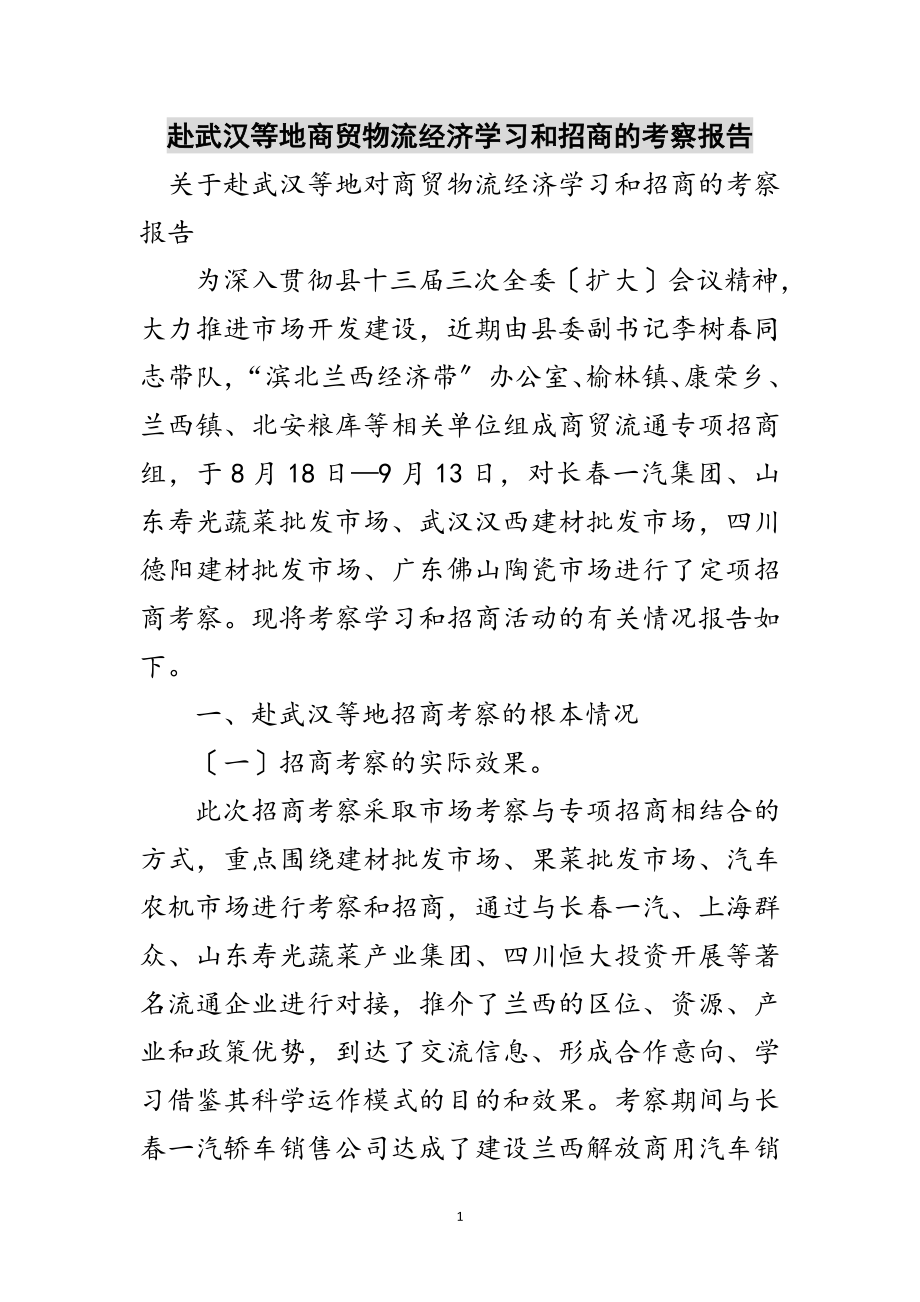 2023年赴武汉等地商贸物流经济学习和招商的考察报告范文.doc_第1页