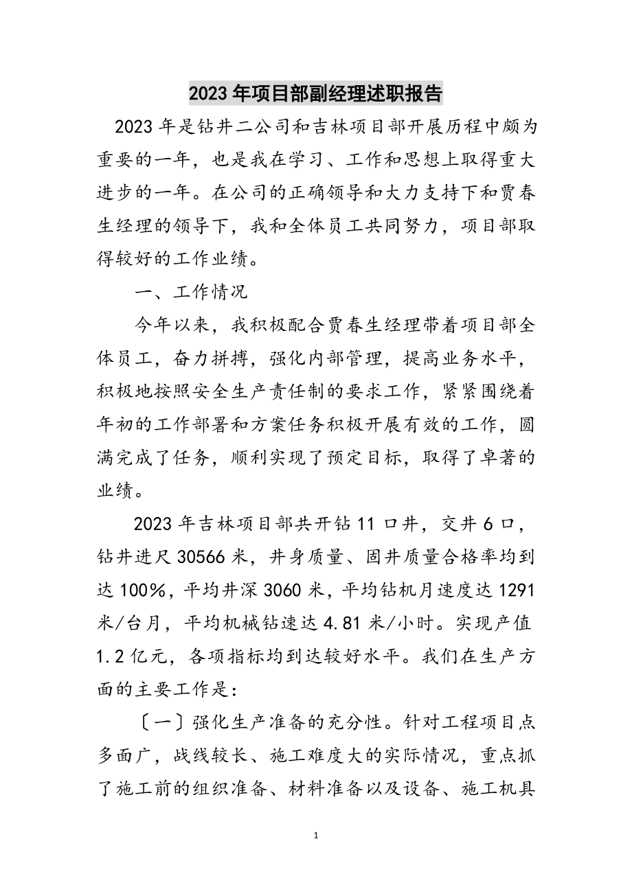 2023年年项目部副经理述职报告范文.doc_第1页