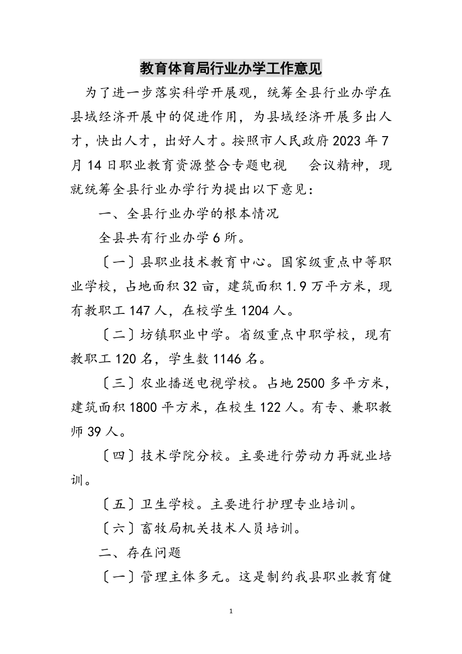 2023年教育局行业办学工作意见范文.doc_第1页