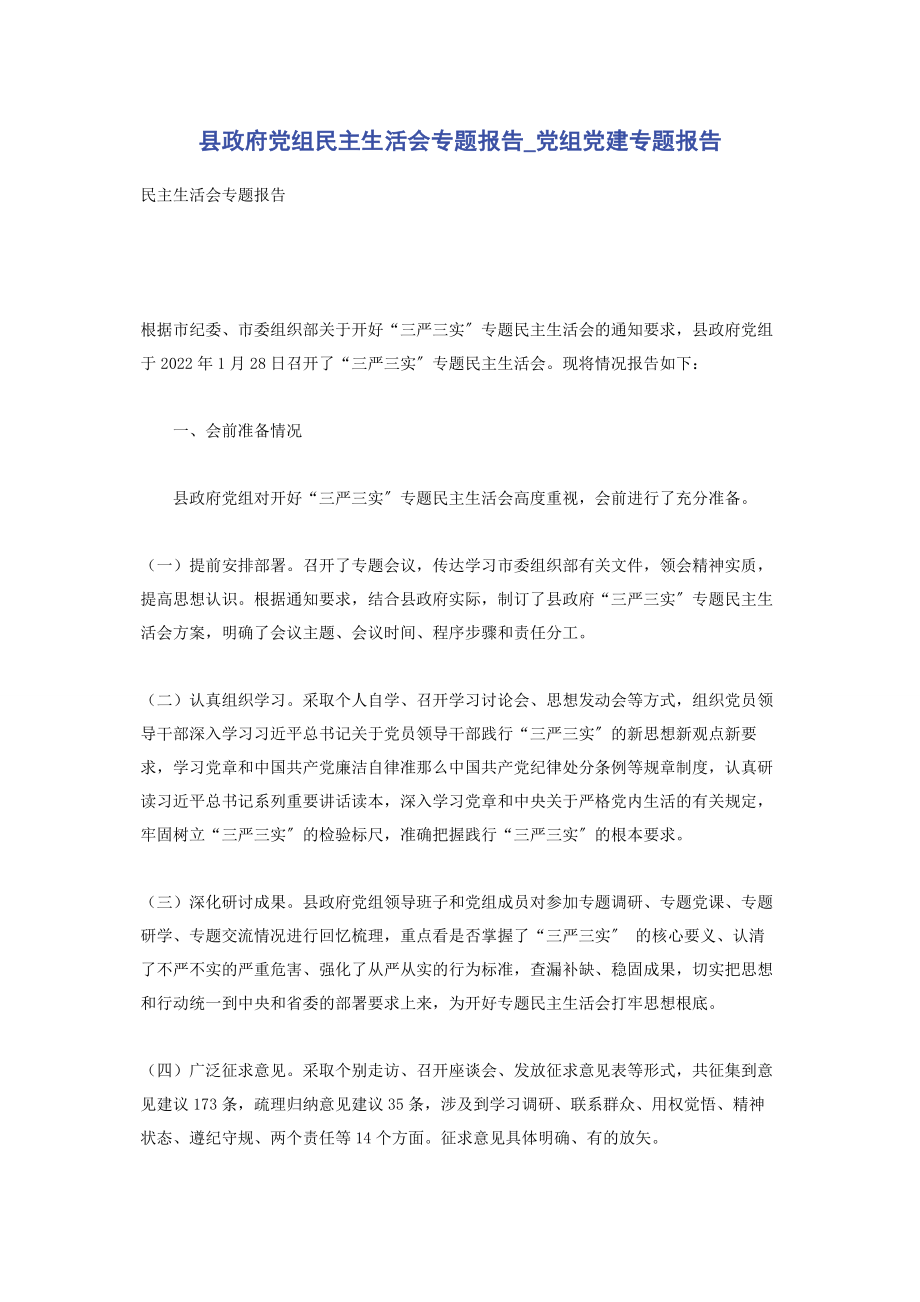 2023年县政府党组民主生活会专题报告党组党建专题报告.docx_第1页