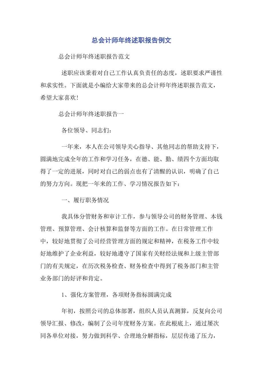 2023年总会计师年终述职报告例文.docx_第1页