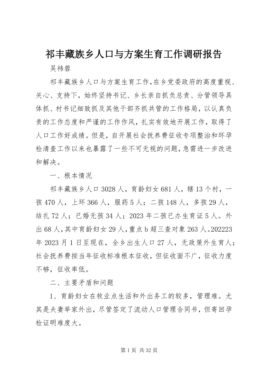 2023年祁丰藏族乡人口与计划生育工作调研报告.docx_第1页