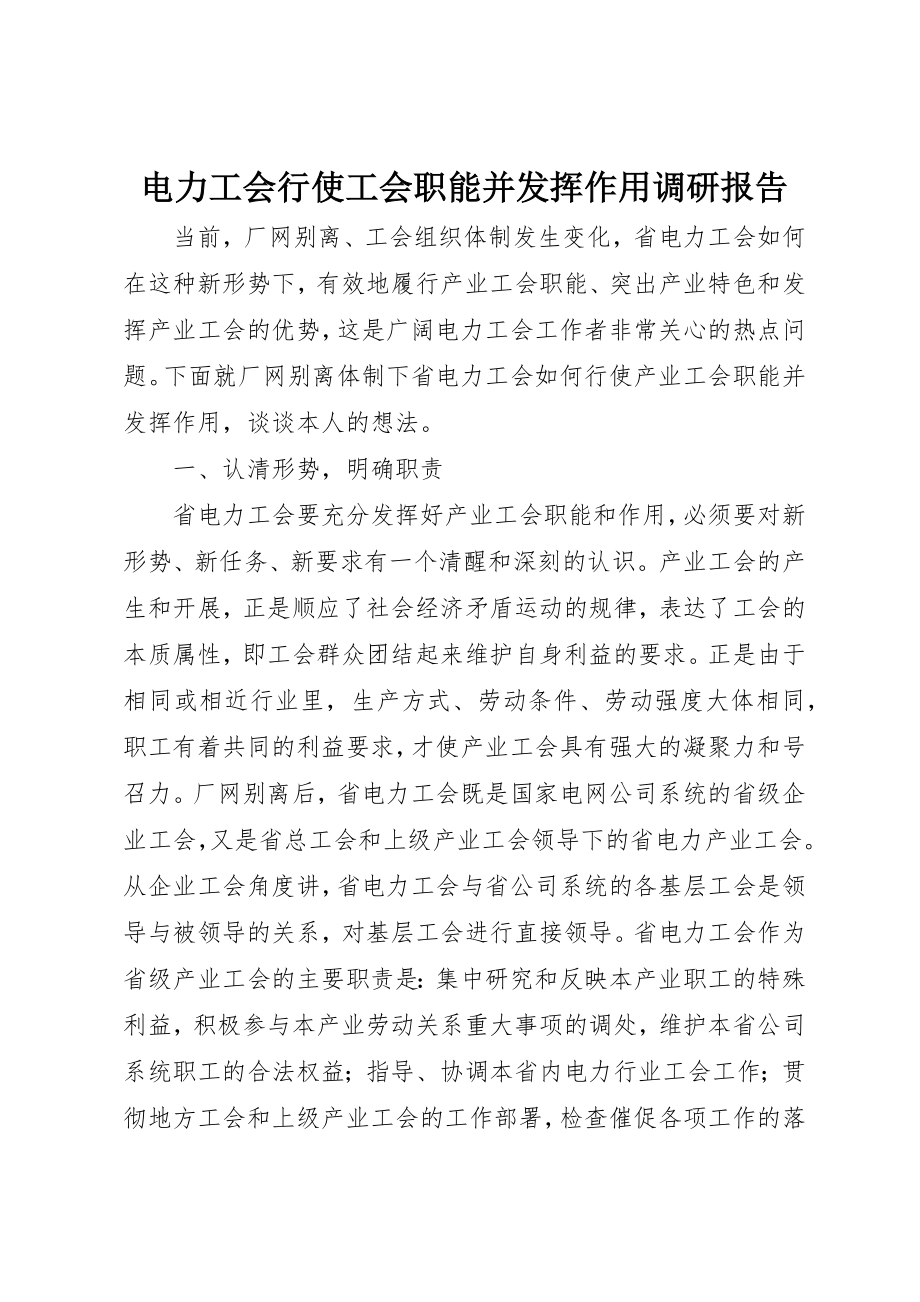 2023年电力工会行使工会职能并发挥作用调研报告新编.docx_第1页