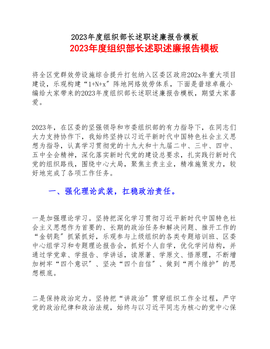 2023年度组织部长述职述廉报告模板.docx_第1页