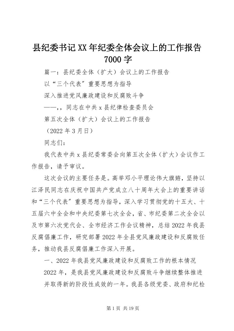 2023年县纪委书记纪委全体会议上的工作报告7000字.docx_第1页