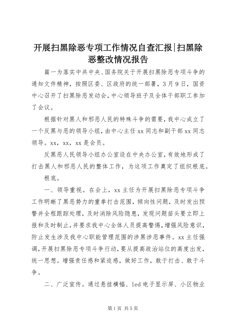 2023年开展扫黑除恶专项工作情况自查汇报扫黑除恶整改情况报告.docx_第1页