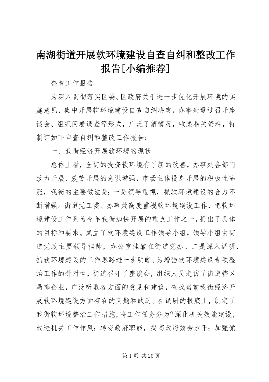 2023年南湖街道开展软环境建设自查自纠和整改工作报告小编推荐.docx_第1页