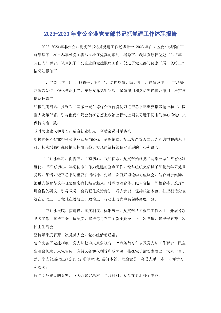 2023年非公企业党支部书记抓党建工作述职报告.docx_第1页