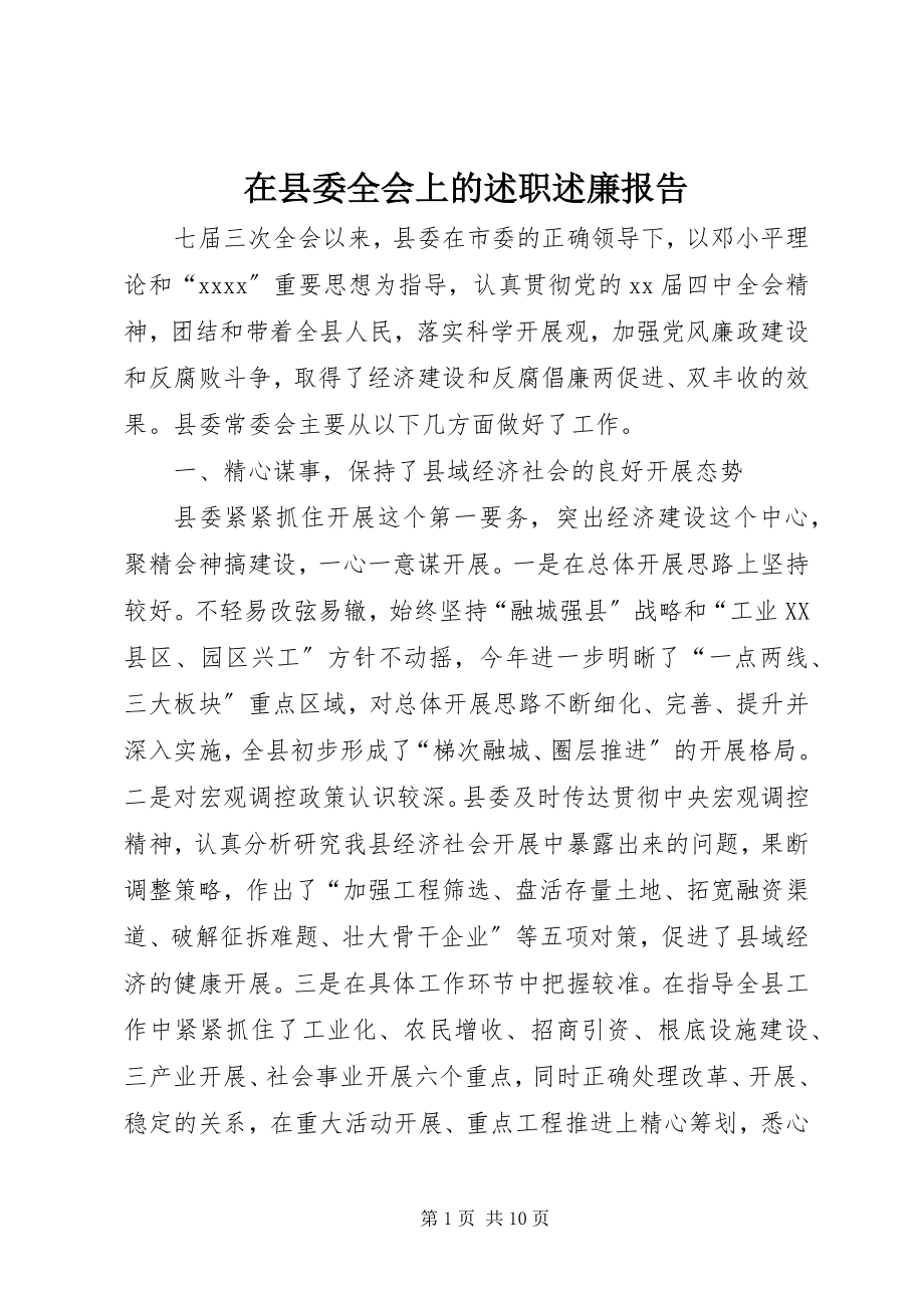 2023年在县委全会上的述职述廉报告.docx_第1页