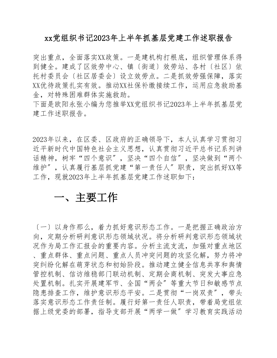 xx党组织书记2023年上半年抓基层党建工作述职报告.doc_第1页