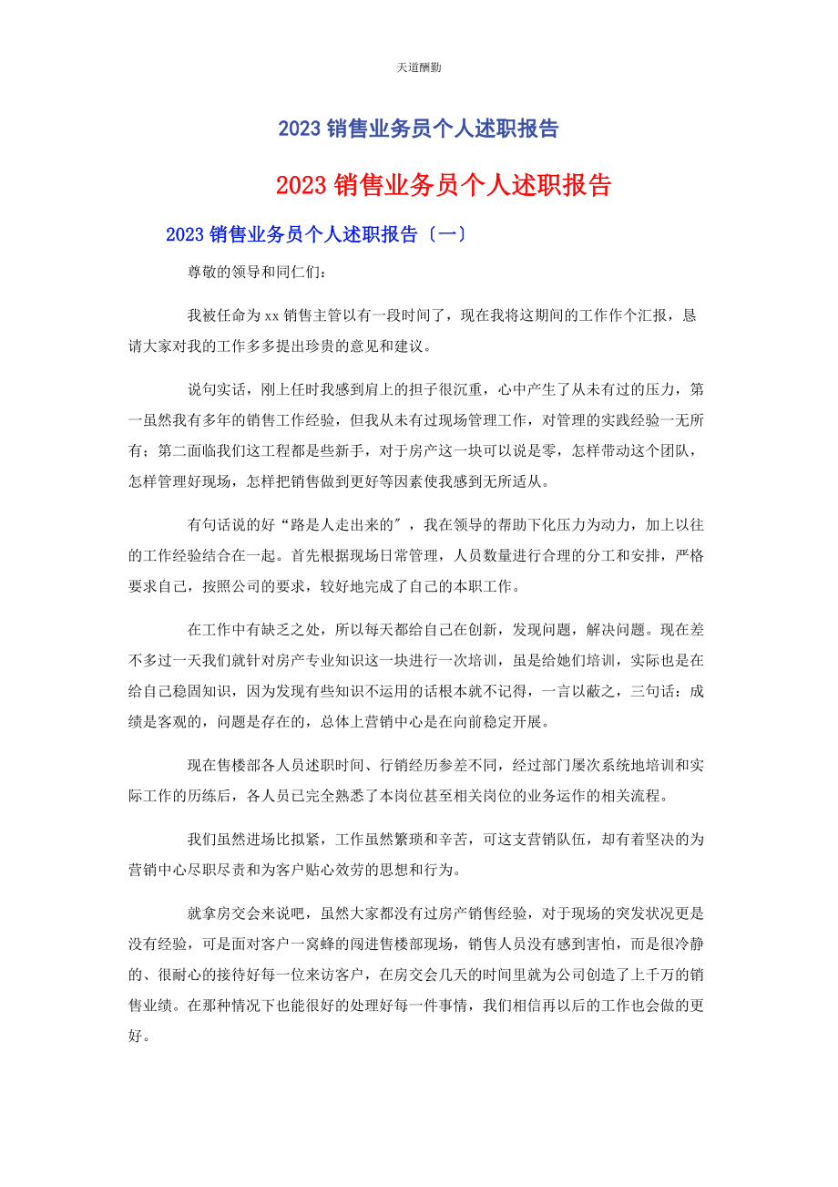 2023年销售业务员个人述职报告范文.docx_第1页