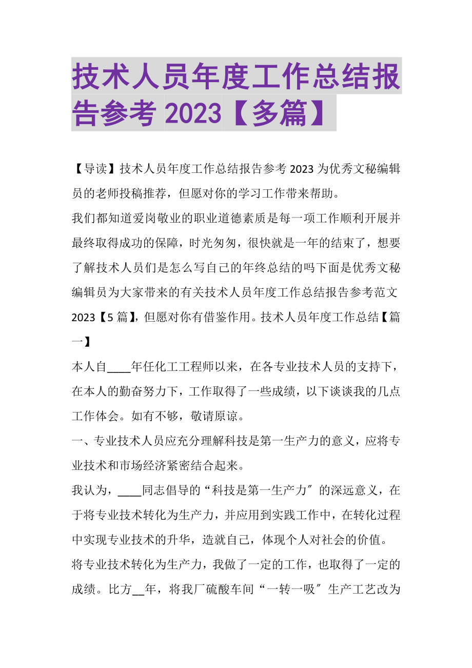 2023年技术人员年度工作总结报告参考多篇.doc_第1页